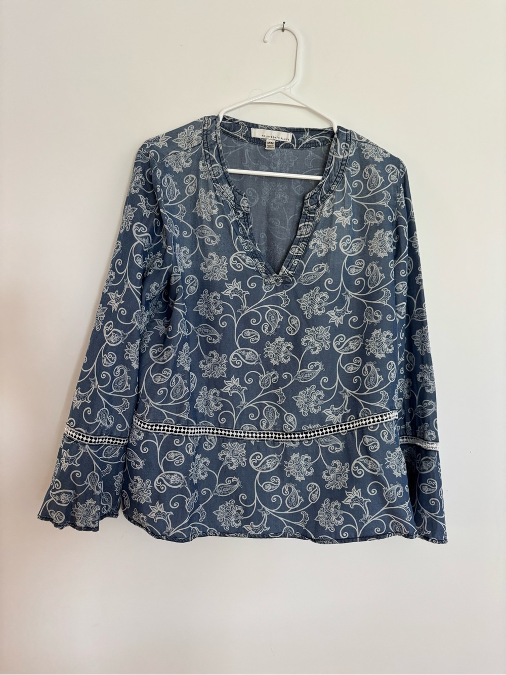 Fourteenth Place Indigo Floral V-Neck Peasant Blouse